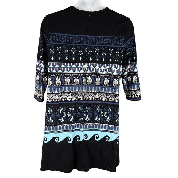 J McLaughlin XL Black Blue Fair Isle Nordic Print Midi Shift Dress 3/4 Sleeves - Picture 2 of 16